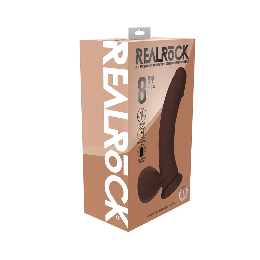 Realrock Realistic Dual Density Vibrating Silicone Dildo with Weighted Balls 8 in. in Brown