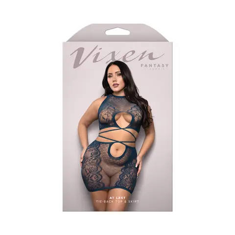 Fantasy Lingerie Vixen At Last Floral Lace Knit Tie-Back Top & Skirt Navy Queen Size