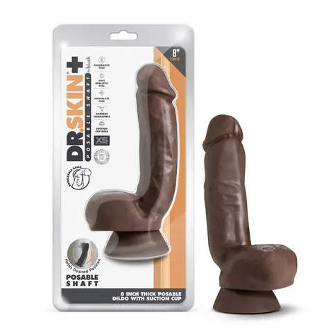 Dr. Skin Plus Thick 8 in. Triple Density Posable Dildo with Balls in Brown