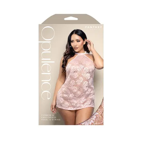 Fantasy Lingerie Opulence Pearl Draped Open-Back Halter Chemise & Crotchless Pearl G-String Light Pink M/L