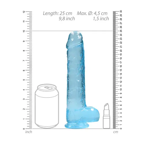 RealRock Crystal Clear Realistic 9 in. Dildo With Balls and Suction Cup in Blue