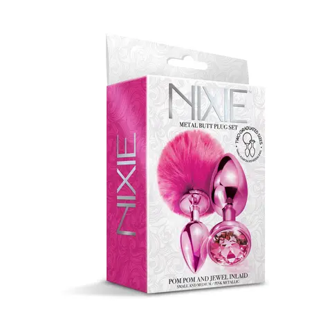 NIXIE Metal Butt Plug Set Pom Pom and Jewel-Inlaid Metallic in Pink