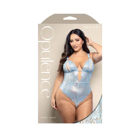 Fantasy Lingerie Opulence Split Pearl Cup Open-Back Teddy with Pearl String Crotch Light Blue S/M in Blue