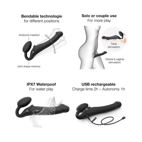 Strap-On-Me Rechargeable Remote-Controlled Silicone Vibrating Bendable Strap-On Purple M in Black