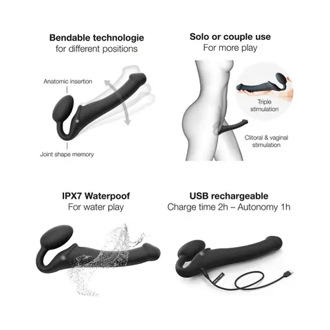 Strap-On-Me Rechargeable Remote-Controlled Silicone Vibrating Bendable Strap-On Purple M in Black