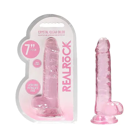 RealRock Crystal Clear Realistic 7 in. Dildo With Balls and Suction Cup in Pink