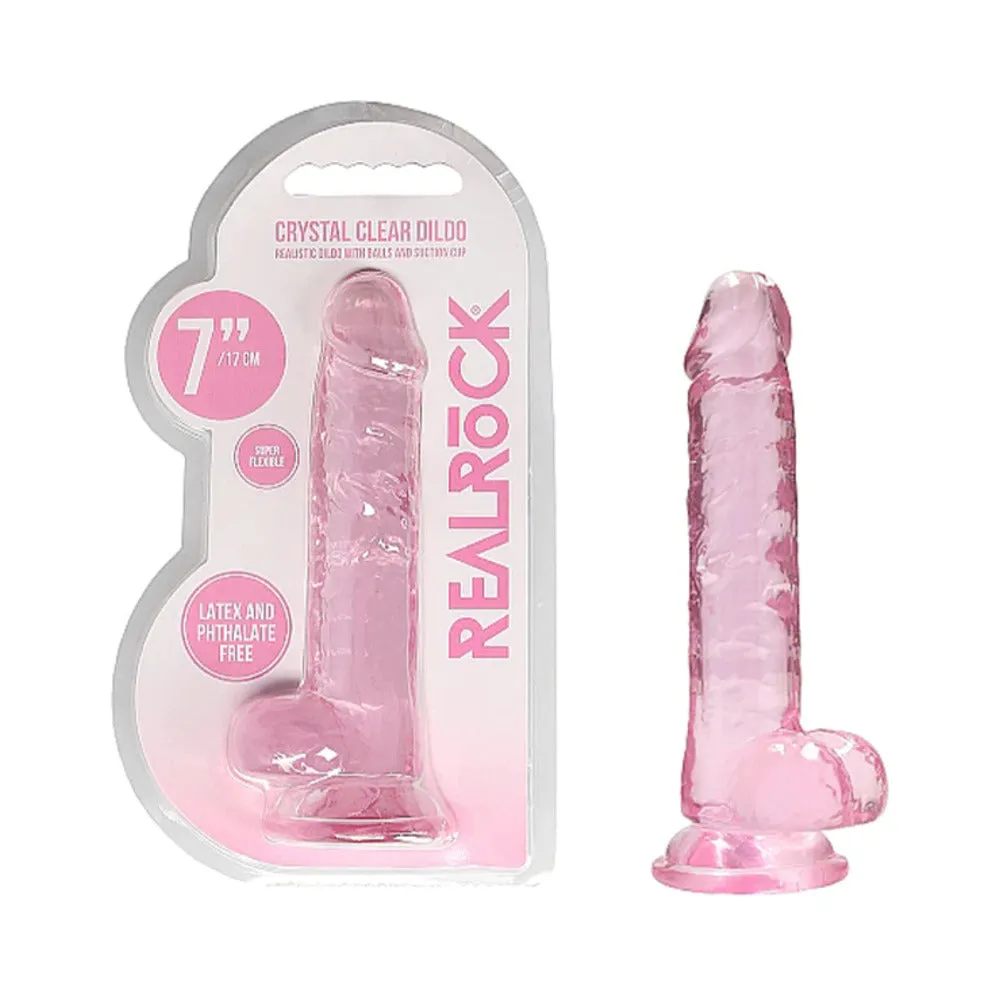 RealRock Crystal Clear Realistic 7 in. Dildo With Balls and Suction Cup in Pink