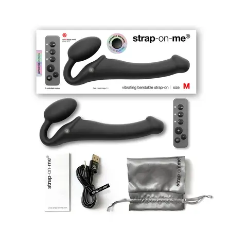 Strap-On-Me Rechargeable Remote-Controlled Silicone Vibrating Bendable Strap-On Purple M in Black