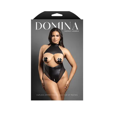Fantasy Lingerie Domina Cupless High-Neck Halter Teddy with Zipper Detail & Pasties Black M/L in Black
