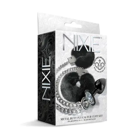 NIXIE Metal Butt Plug & Furry Handcuff Set Medium Black