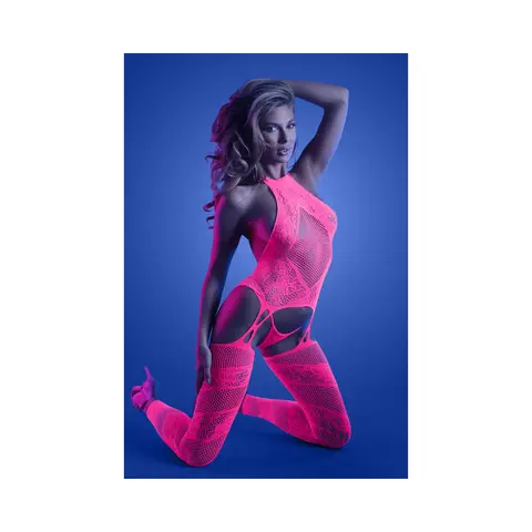 Fantasy Lingerie Glow Captivating High Neck Halter Bodystocking & G-String Set Neon Pink O/S in Glow in the Dark