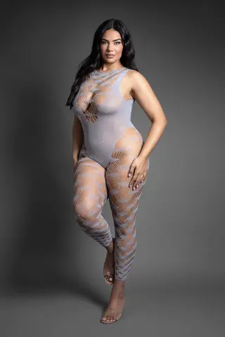 Fantasy Lingerie Sheer Crystal Club In Control Footless Open Back Bodystocking O/S