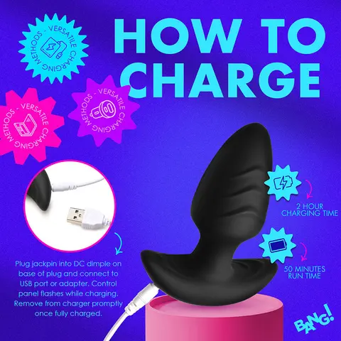 BANG! Rotating & Vibrating Silicone Butt Plug with Remote in Black