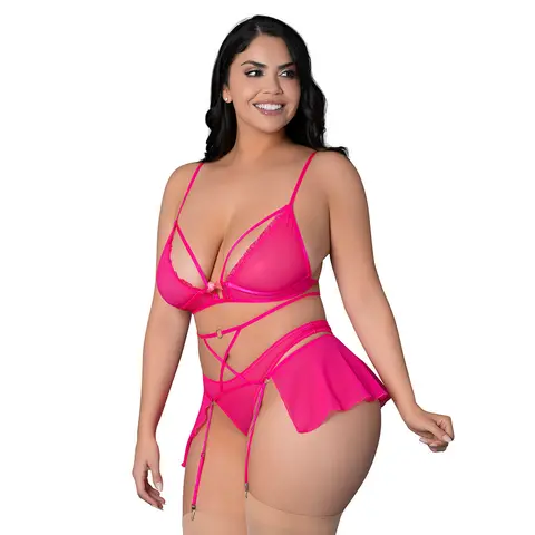 Magic Silk Pink Kink Bralette, High Leg Panty & Garter Skirt Set Pink Glow Queen Size