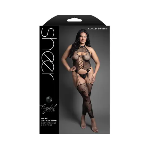 Fantasy Lingerie Sheer Crystal Club Dark Attraction Footless Halter Bodystocking and G-String O/S