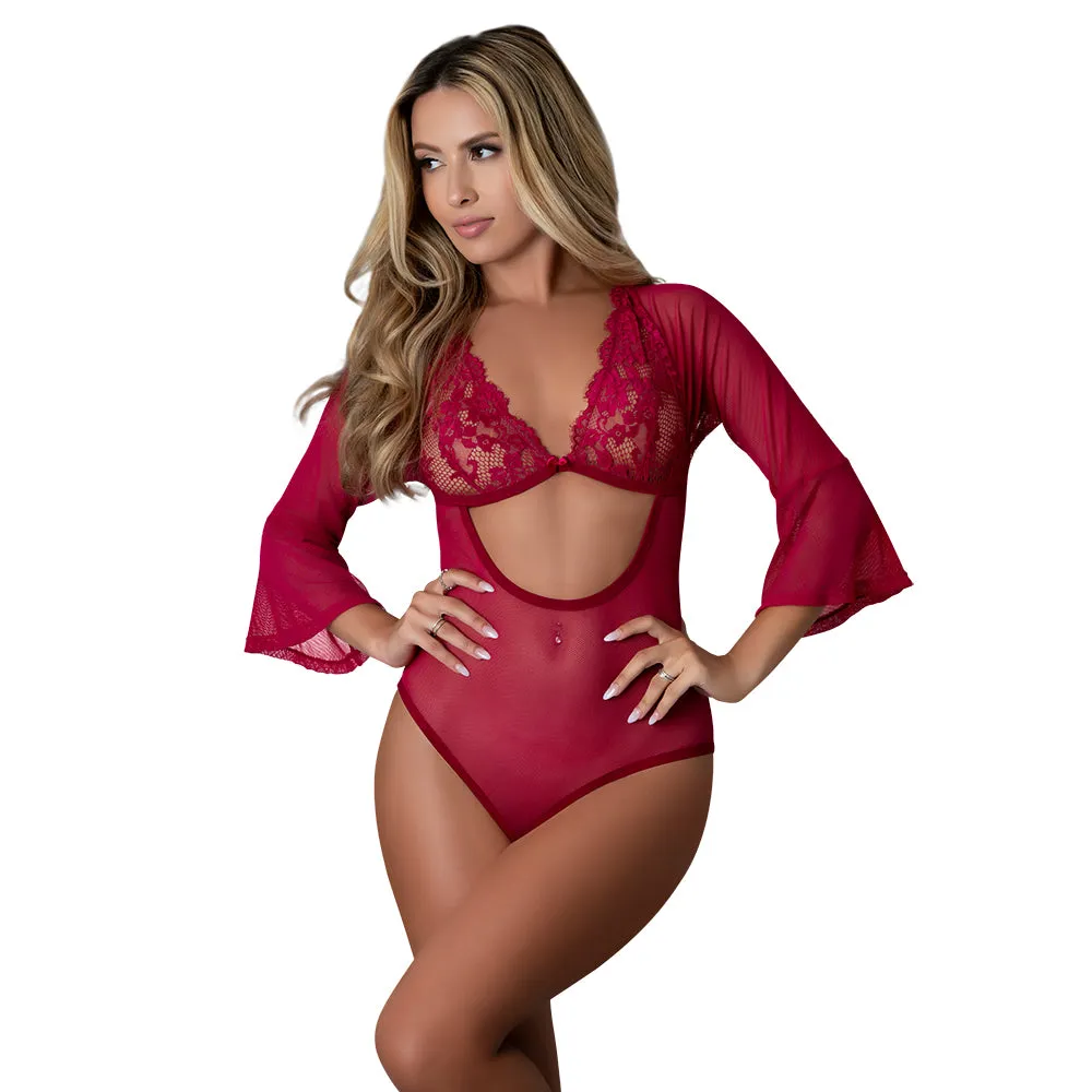 Magic Silk Black Cherry 3/4 Sleeve Playsuit Cherry S/M