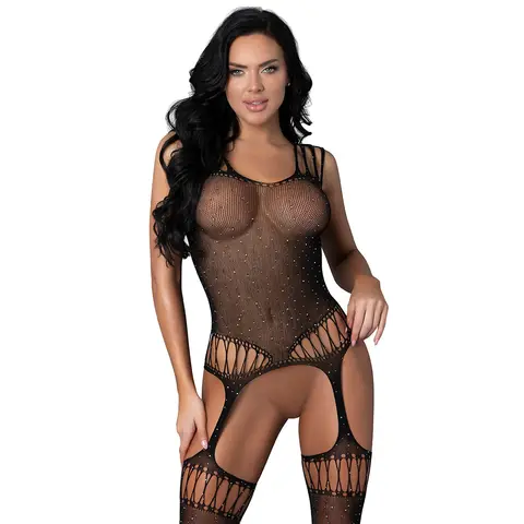 Magic Silk Seamless Bodystocking Black with Rhinestones O/S