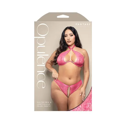 Fantasy Lingerie Opulence Pearl Accent Halter Bra & Adjustable Crotchless Pearl Panty Hot Pink S/M