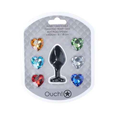 Ouch! Medium Heart Diamond Butt Plug 6 Jewels Black