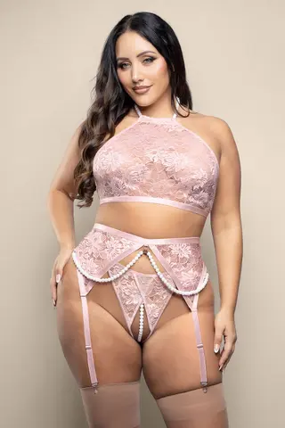 Fantasy Lingerie Opulence Pearl Halter Bralette, Garter Belt & Crotchless Pearl G-String Light Pink S/M