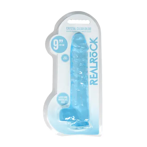 RealRock Crystal Clear Realistic 9 in. Dildo With Balls and Suction Cup in Blue