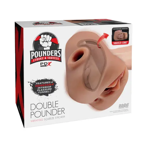 PDX Plus Double Pounder Vibrating Squeeze Stroker in Brown