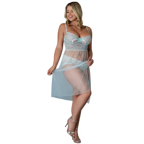 Magic Silk Blue Sky Long Chemise & Boy Short Panty Blue Queen Size