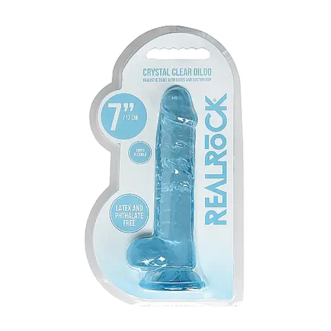 RealRock Crystal Clear Realistic 7 in. Dildo With Balls and Suction Cup in Blue