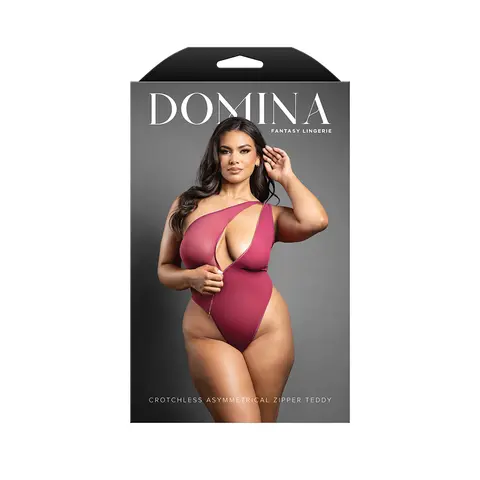 Fantasy Lingerie Domina Crotchless One-Shoulder Teddy with Asymmetrical Front Zipper Berry S/M