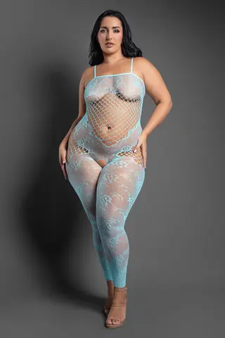 Fantasy Lingerie Sheer Dream of Me Footless Open-Crotch Bodystocking Light Blue Queen Size in Blue
