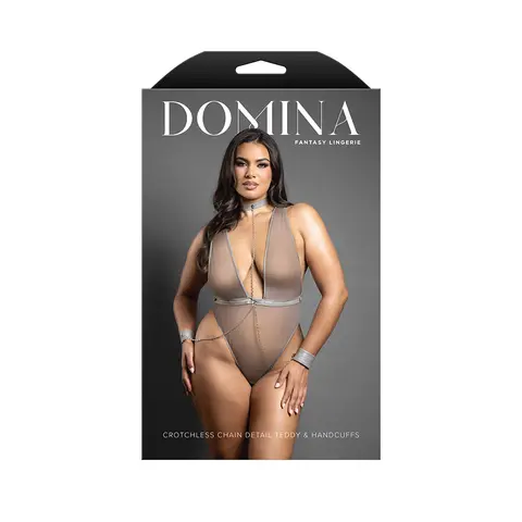 Fantasy Lingerie Domina Crotchless Plunge Teddy with Chain-Link Choker & Detachable Cuffs Gray M/L