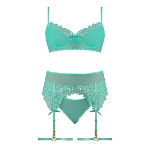 Magic Silk Caribbean Crush Demi Bra & Thong with Garter Set Aqua Glow Queen Size
