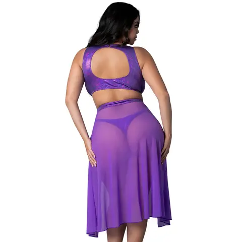 Magic Silk Glimmer High Neck Crop Top, Flowy Skirt & Tanga Set Purple Disco Queen Size