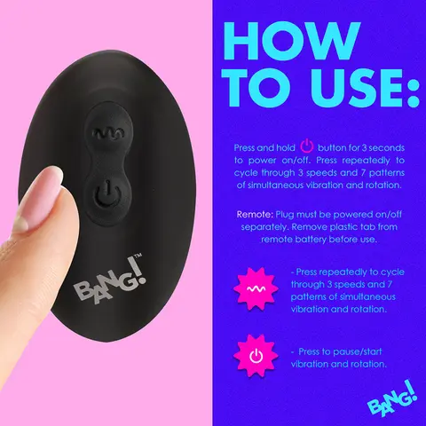 BANG! Rotating & Vibrating Silicone Butt Plug with Remote in Black