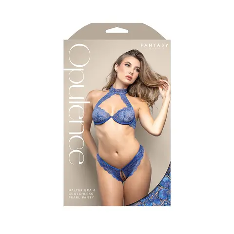 Fantasy Lingerie Opulence Pearl Back Strap Halter Bra & Adjustable Crotchless Pearl Panty Royal Blue S/M in Blue