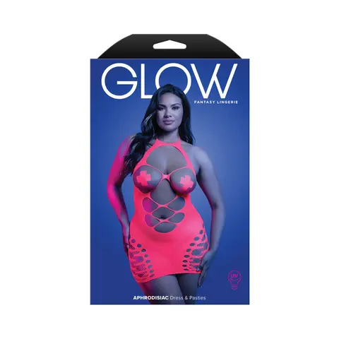 Fantasy Lingerie Glow Aphrodisiac UV Reactive Open Bodice Halter Dress & Pasties Queen Size in Glow in the Dark