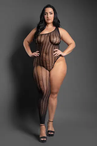 Fantasy Lingerie Sheer Killin' It Asymmetrical Footless Bodystocking Black Queen Size