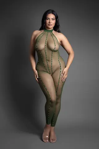 Fantasy Lingerie Sheer Crystal Club Keep Looking Footless Open Crotch Halter Bodystocking O/S