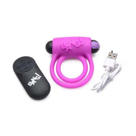 BANG! Silicone Cock Ring & Bullet with Remote Control in Purple