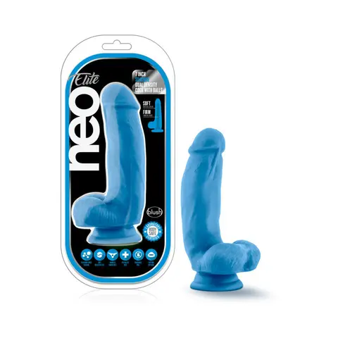 Neo Elite 7 in. Silicone Dual Density Dildo with Balls Neon in Blue
