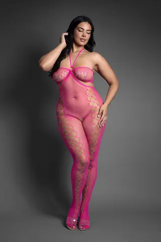 Fantasy Lingerie Sheer Crystal Club Just Enough Crotchless Cut-Out Halter Bodystocking O/S
