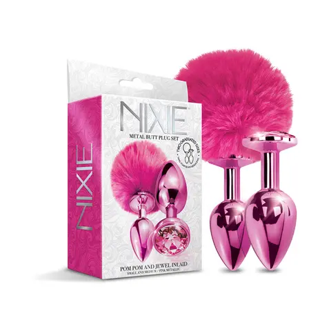 NIXIE Metal Butt Plug Set Pom Pom and Jewel-Inlaid Metallic in Pink