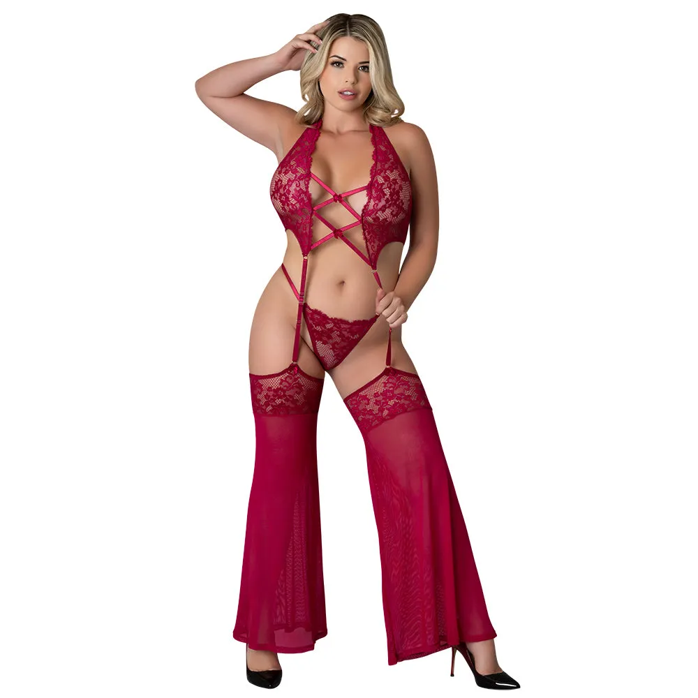 Magic Silk Black Cherry Plunge Top with Removable Chaps & Cheeky Panty Cherry Queen Size in Black