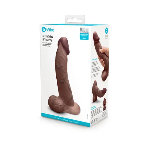 b-Vibe Slipskin Realistic Silicone Dildo 9 in. Curved in Brown