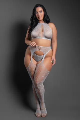 Fantasy Lingerie Sheer Most Wanted Halter Top, G-String & Gartered Stockings Gray O/S