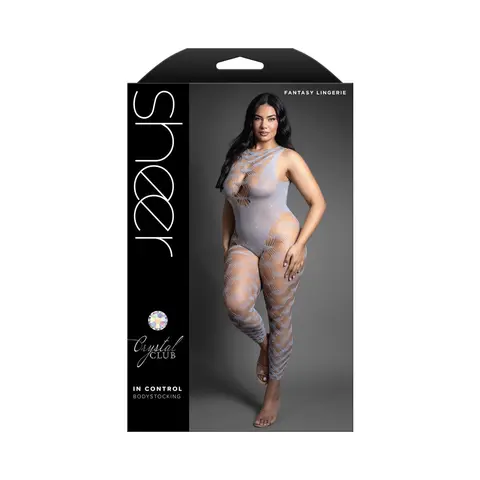 Fantasy Lingerie Sheer Crystal Club In Control Footless Open Back Bodystocking O/S