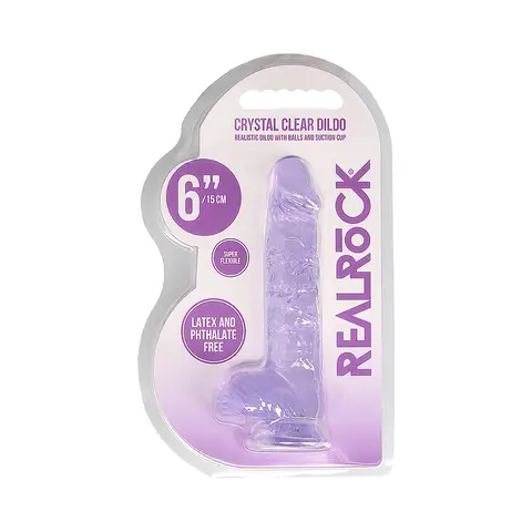 RealRock Crystal Clear Realistic 6 in. Dildo With Balls and Suction Cup in Purple