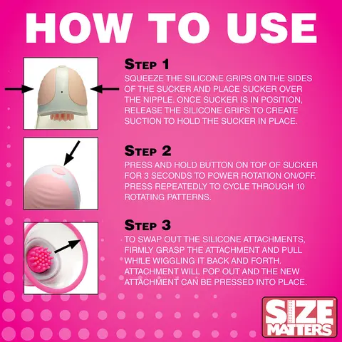 Size Matters 10X Rotating Silicone Nipple Suckers with 4 Attachments in Pink