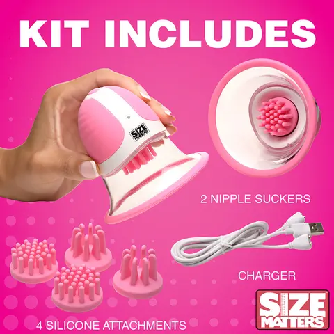 Size Matters 10X Rotating Silicone Nipple Suckers with 4 Attachments in Pink