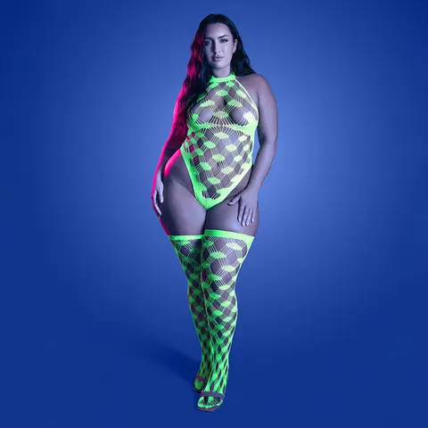 Fantasy Lingerie Glow Adrenaline Halter Teddy & Stockings in Rhinestone Fishnet O/S in Glow in the Dark
